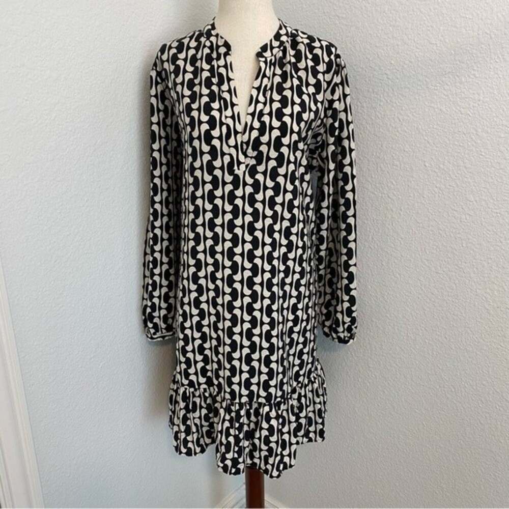 ZARA NWOT Black Ivory Unique Prairie Boho Retro Ruffle V Neck L Slv Dress SZ L